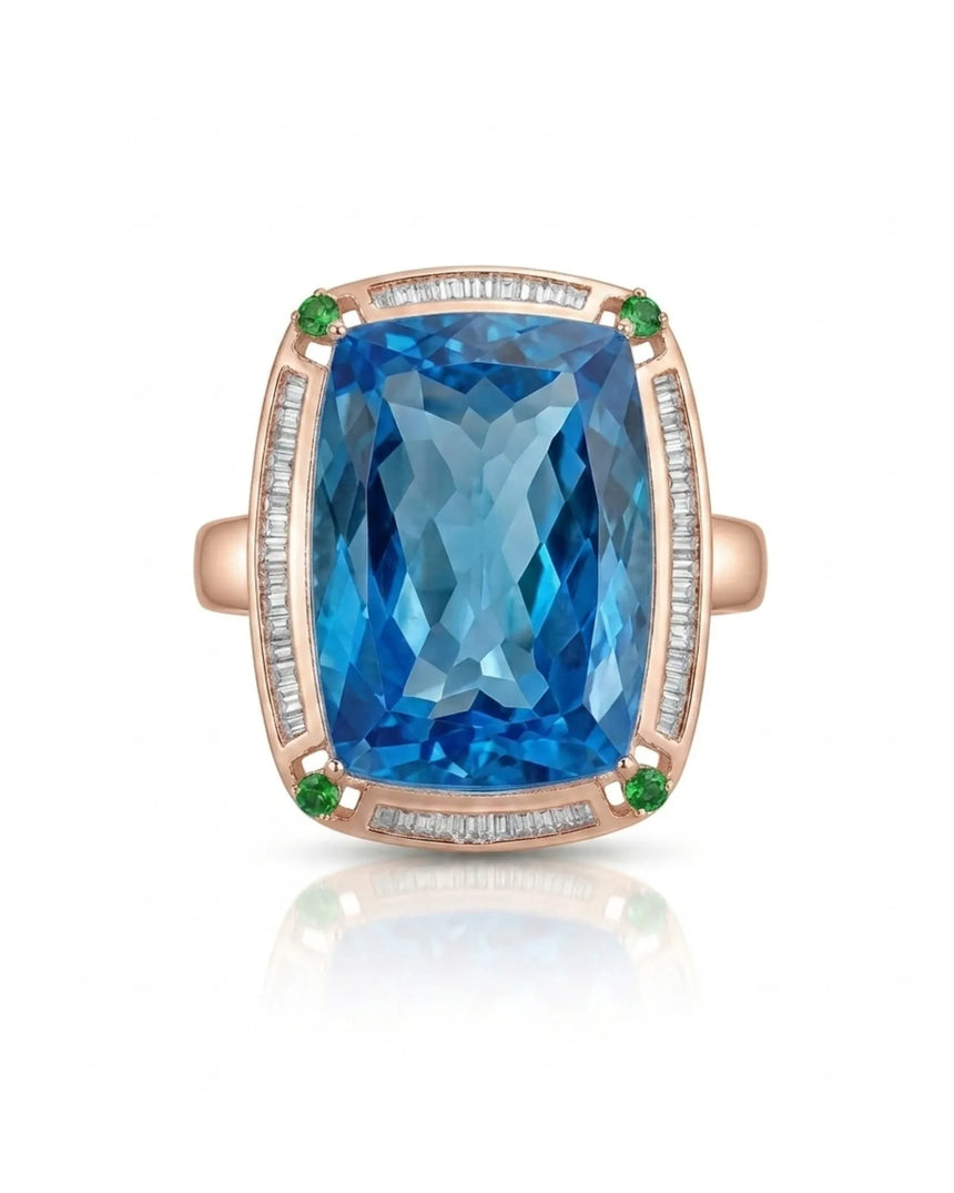 Architectural cushion topaz ring with geometric diamond frame and open gallery in 18K rose gold | SARATTI
