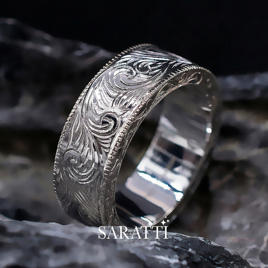 Architectural men’s band platinum aurelian scroll engraving | SARATTI