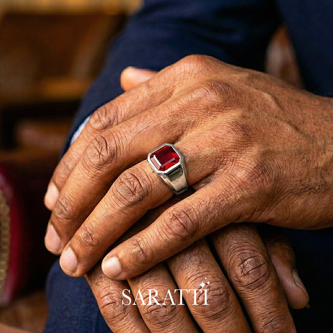 Architectural men’s garnet ring platinum step cut gemstone signet | SARATTI