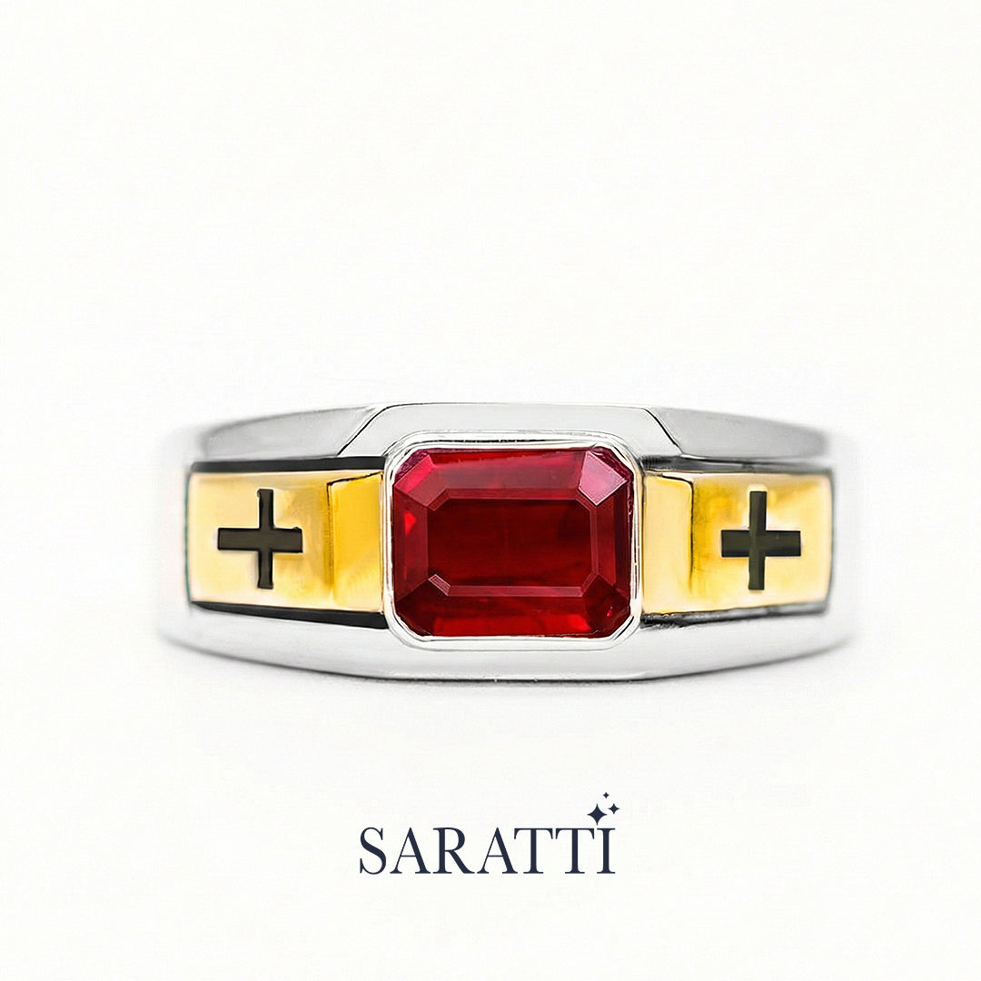 Architectural men’s ruby ring 18k white and yellow gold emerald cut ruby cross band | SARATTI