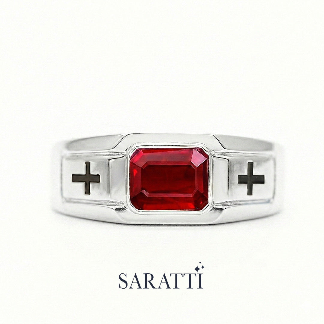 Architectural men’s ruby ring platinum emerald cut ruby cross band | SARATTI