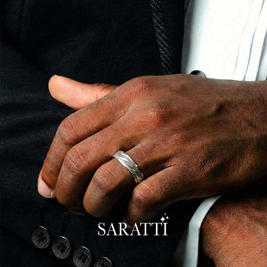 Architectural men’s wedding band 18k white gold vector lines | SARATTI