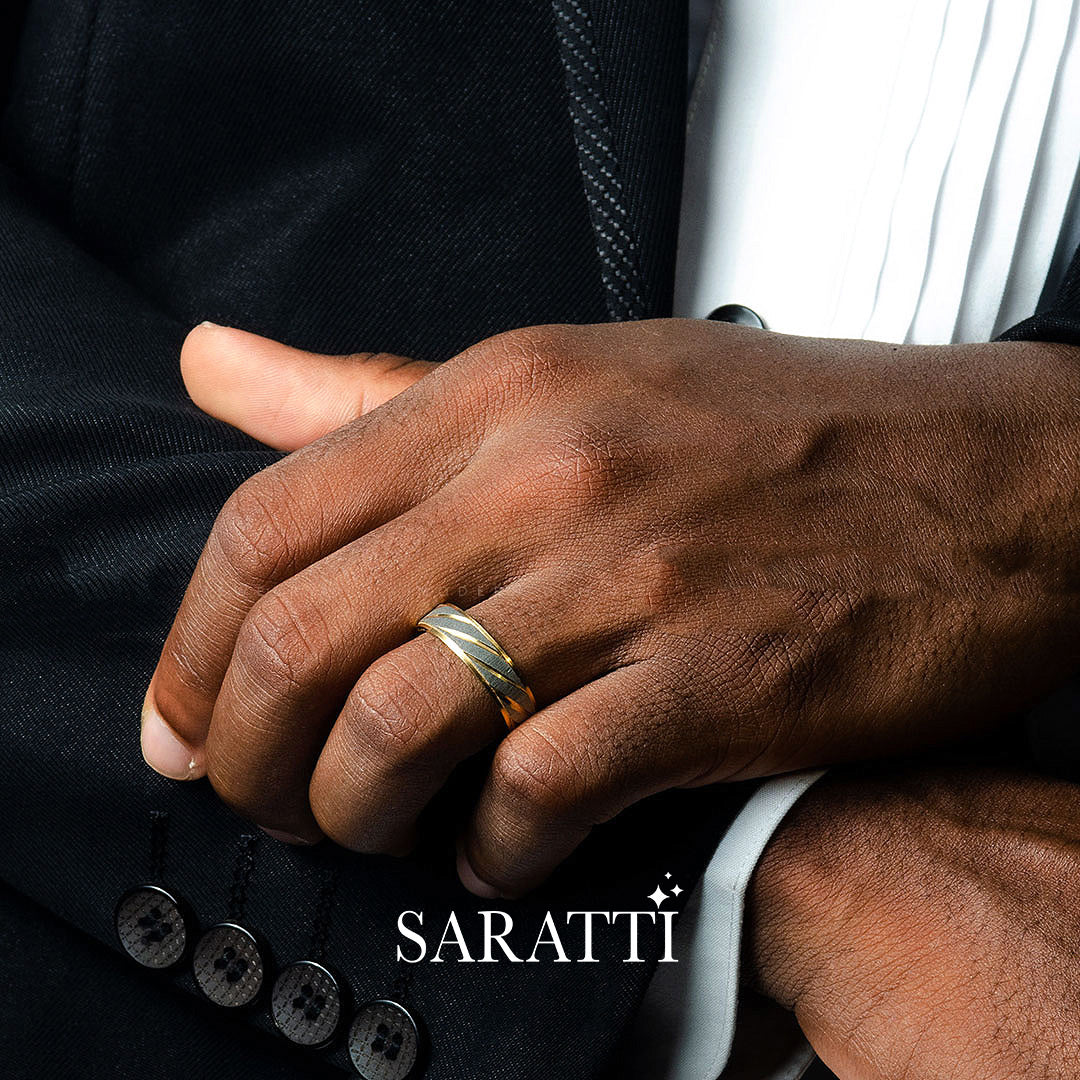 Architectural men’s wedding band 18k yellow white gold vector lines | SARATTI