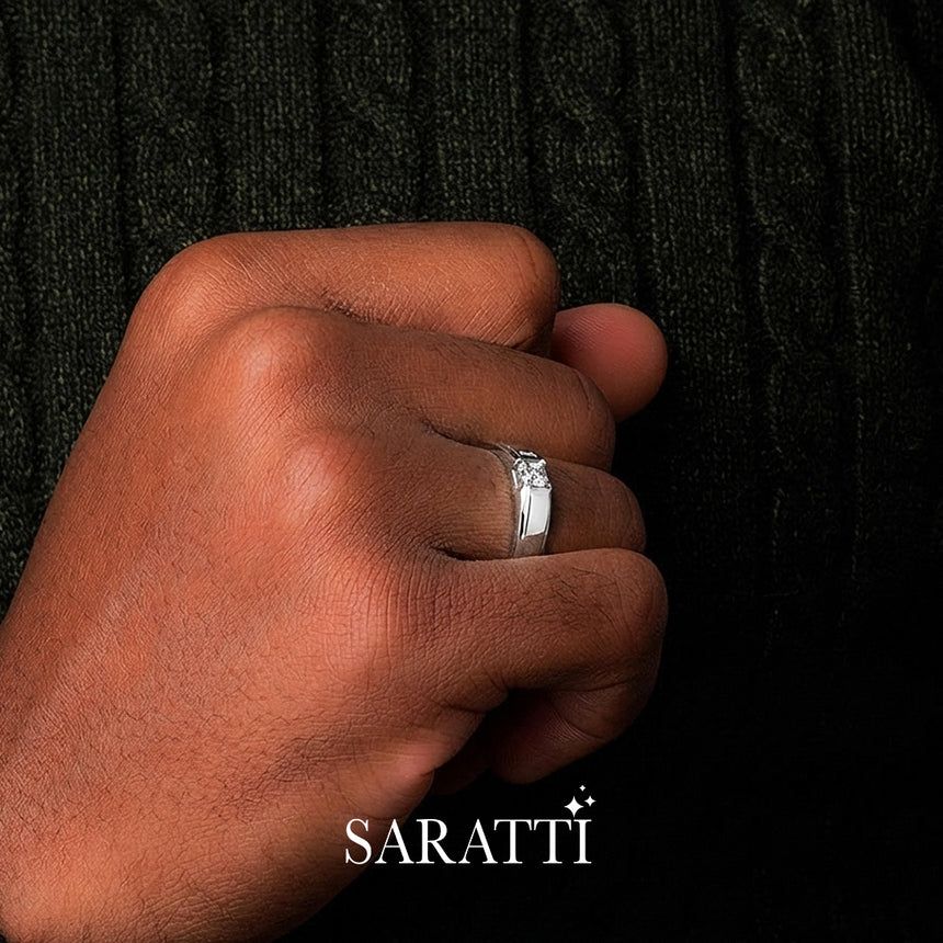 Architectural platinum diamond ring with square diamond mount | SARATTI