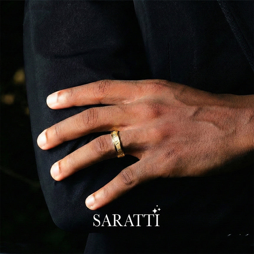 Architectural roman numeral men’s ring 18k yellow gold engraved wedding band | SARATTI