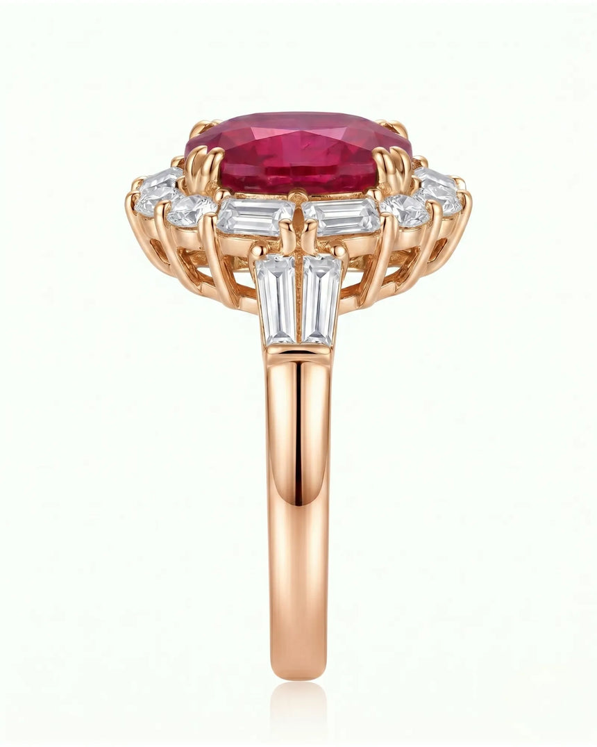 Architectural ruby ring with round, baguette, and emerald-cut diamonds in rose gold | SARATTI