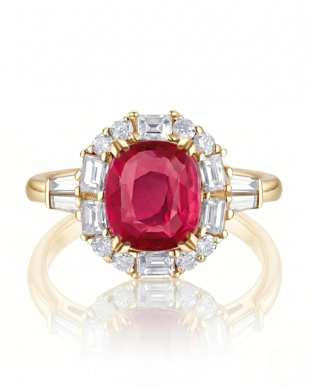 Architectural ruby ring with round, baguette, and emerald-cut diamonds in yellow gold | SARATTI