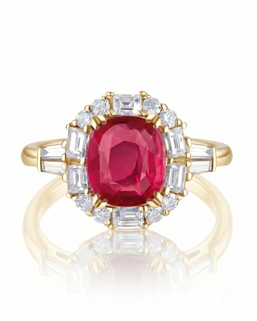 Architectural ruby ring with round, baguette, and emerald-cut diamonds in yellow gold | SARATTI