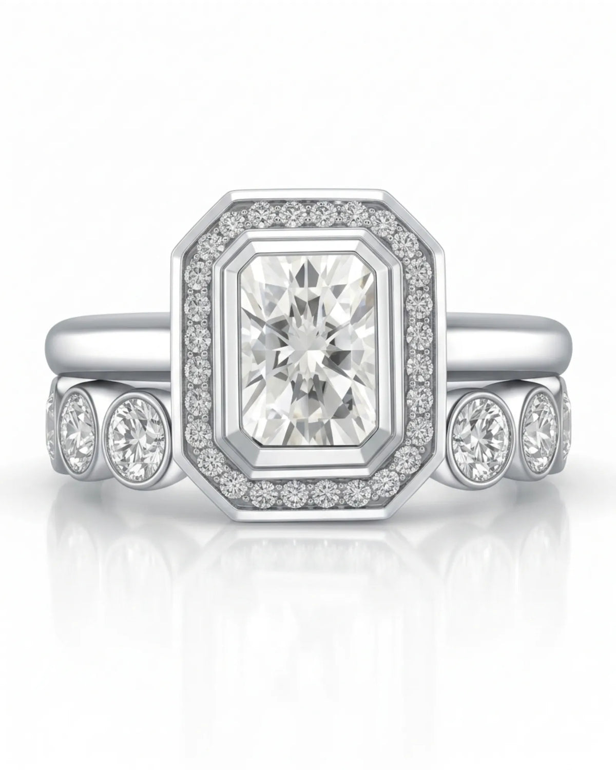 Art Deco moissanite engagement ring with stepped geometric halo and round accents in 18K white gold | SARATTI