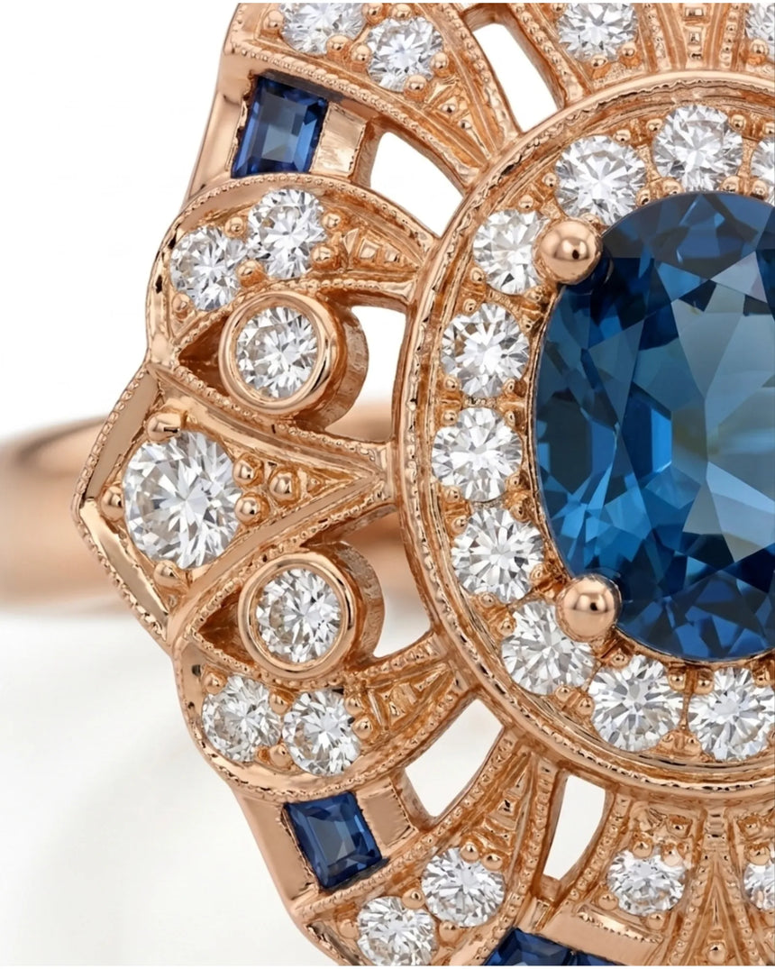 Art Deco topaz ring with radiating openwork and diamond details in 18K rose gold | SARATTI