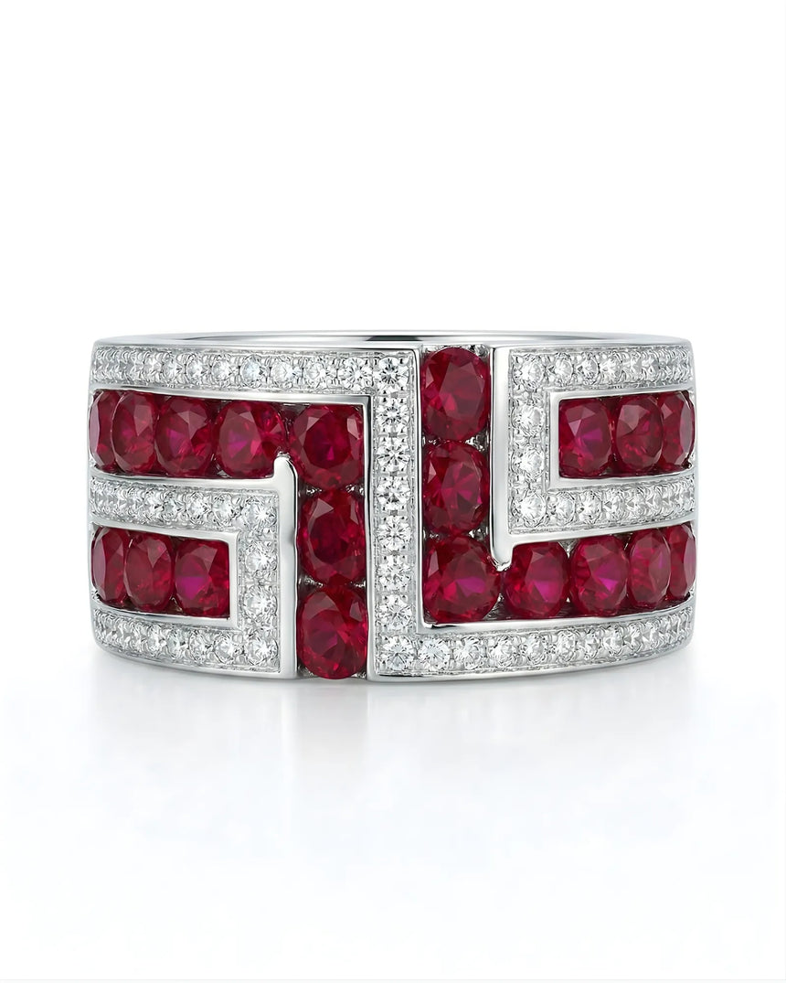 Art deco inspired ruby and diamond ring in 18K white gold macro craftsmanship view | SARATTI