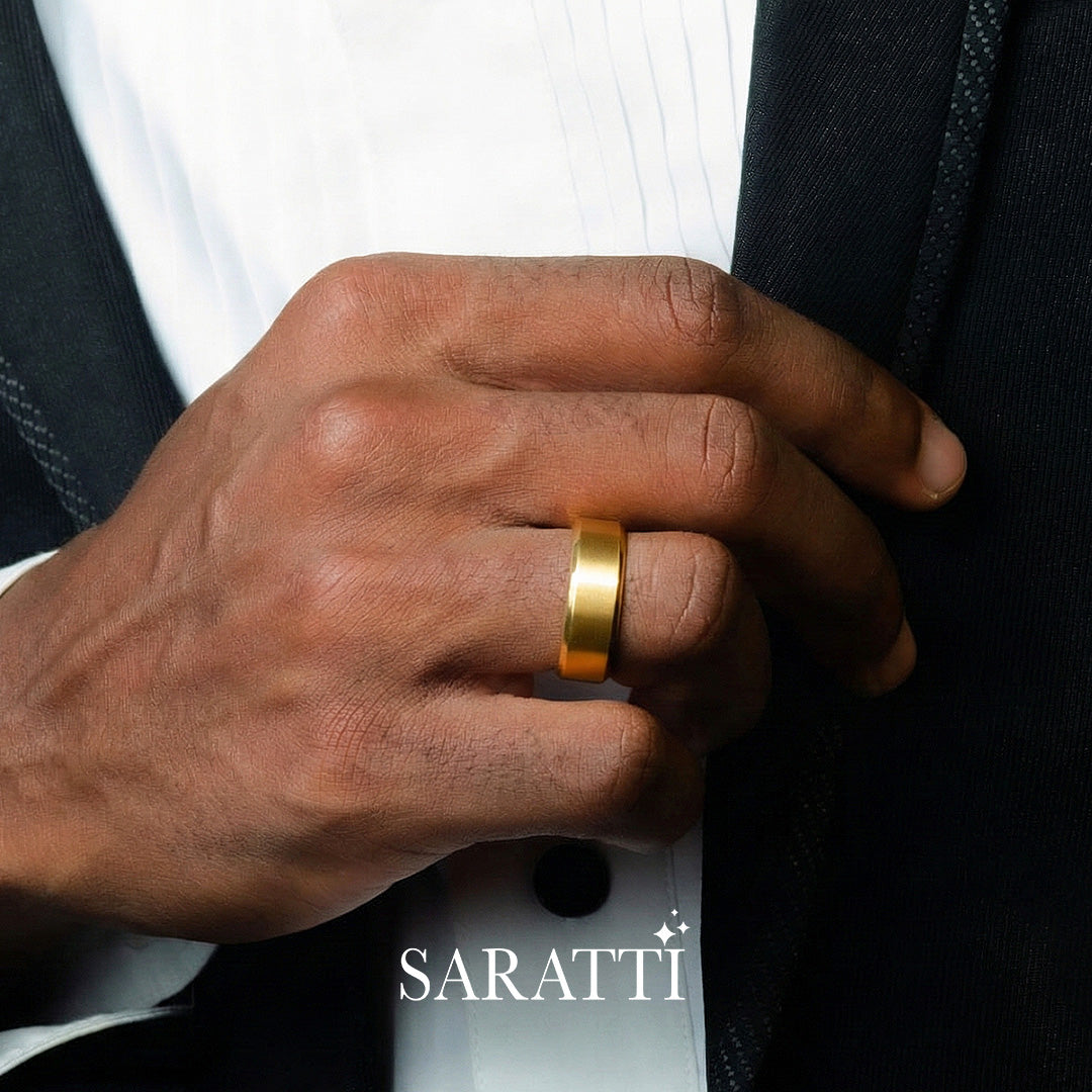 8mm mens wedding band sleek handcrafted ring in 18K yellow gold | SARATTI