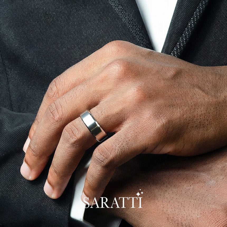 8mm mens wedding band worn on hand in platinum | SARATTI