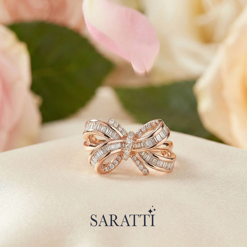 18k Rose Gold version of Baguette Diamond Engagement Ring Ribbon Design | SARATTI