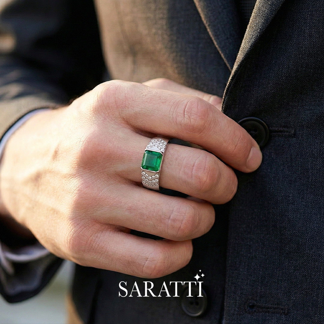 Mens emerald ring handcrafted tension set emerald ring in 18K white gold | SARATTI