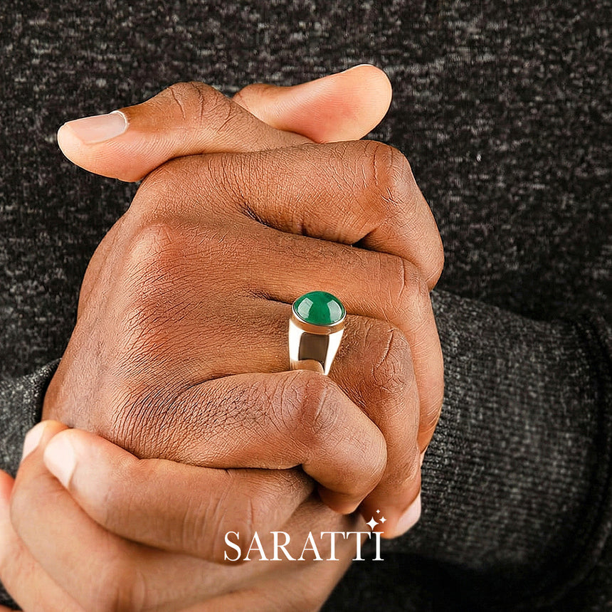 Mens emerald ring oval cabochon worn on model in 18K rose gold | SARATTI
