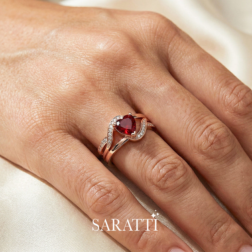 Amore Granato garnet ring worn on hand luxury handcrafted ring in 18K rose gold | SARATTI