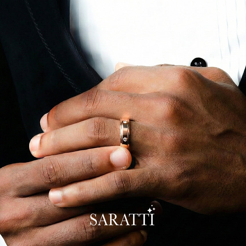6mm mens wedding band with diamonds channel set detail in 18K rose gold | SARATTI