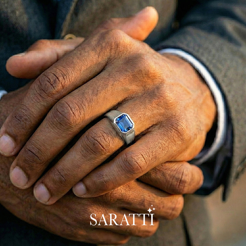 Mens sapphire wedding band handcrafted bezel set sapphire ring in platinum | SARATTI