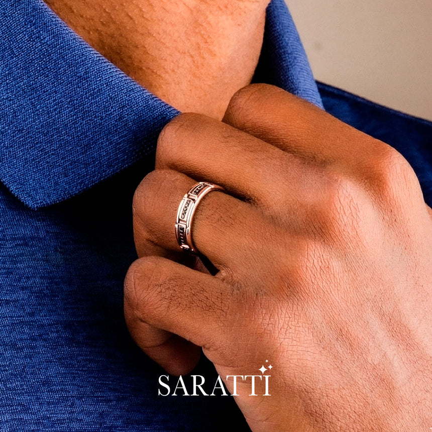 Pavé set black diamond detail of Black Diamond 4mm mens wedding band in 18K rose gold | SARATTI