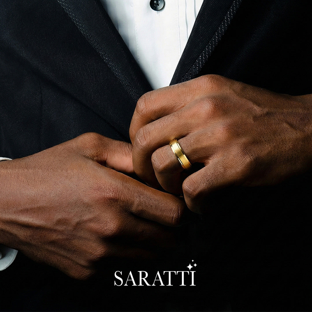 Two tone mens wedding band minimalist handcrafted ring in 18K yellow gold | SARATTI