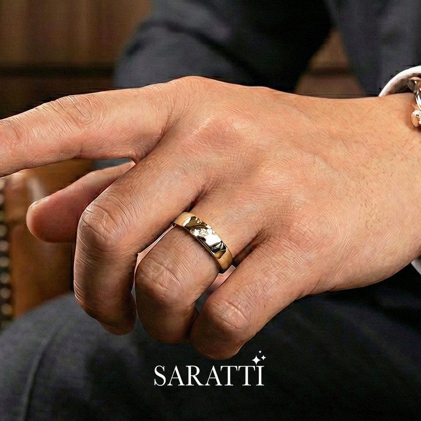 4mm mens wedding band worn on hand in 18K yellow gold | SARATTI