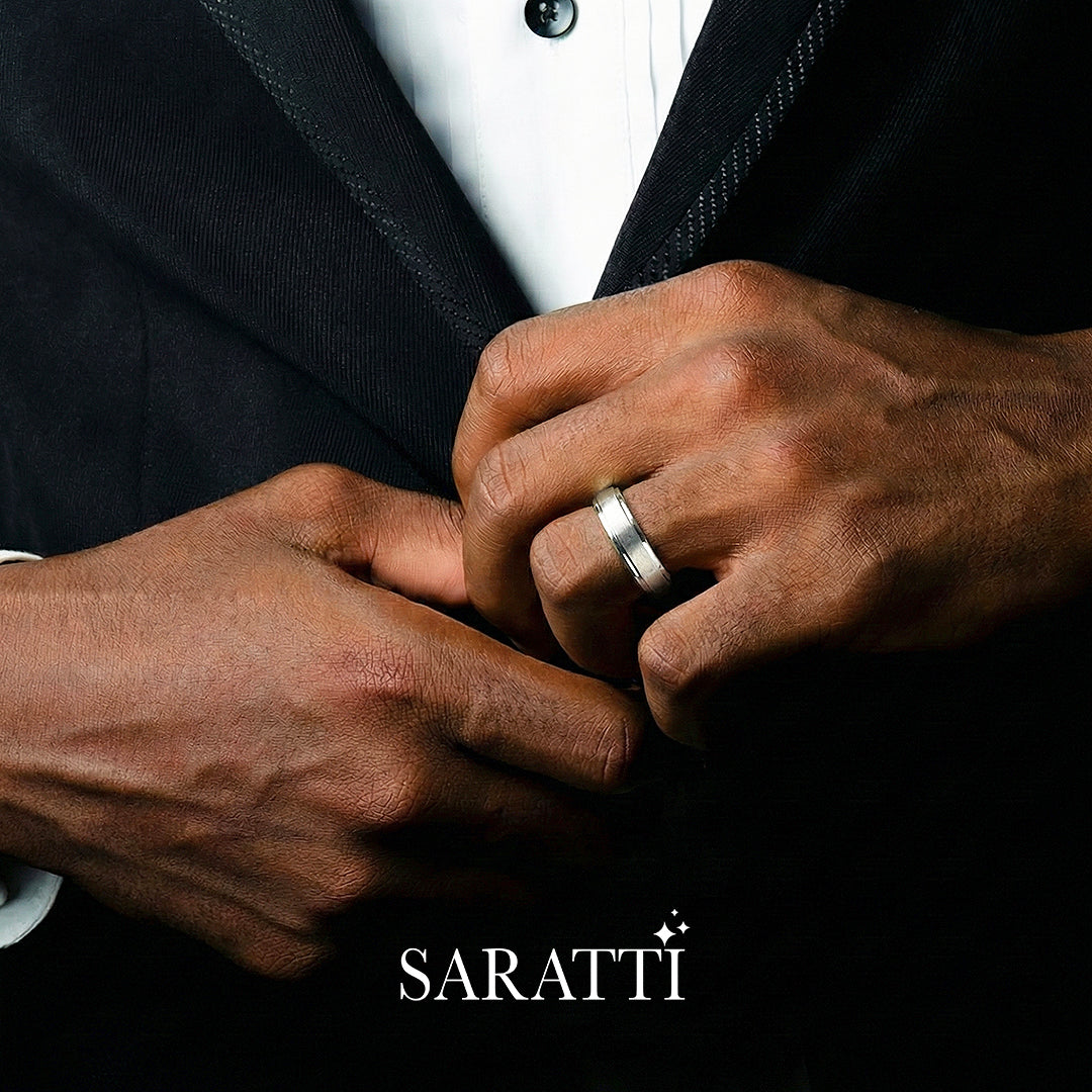 Two tone mens wedding band minimalist handcrafted ring in 18K white gold | SARATTI