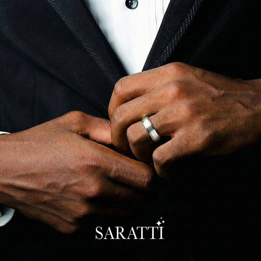 Two tone mens wedding band minimalist handcrafted ring in 18K white gold | SARATTI