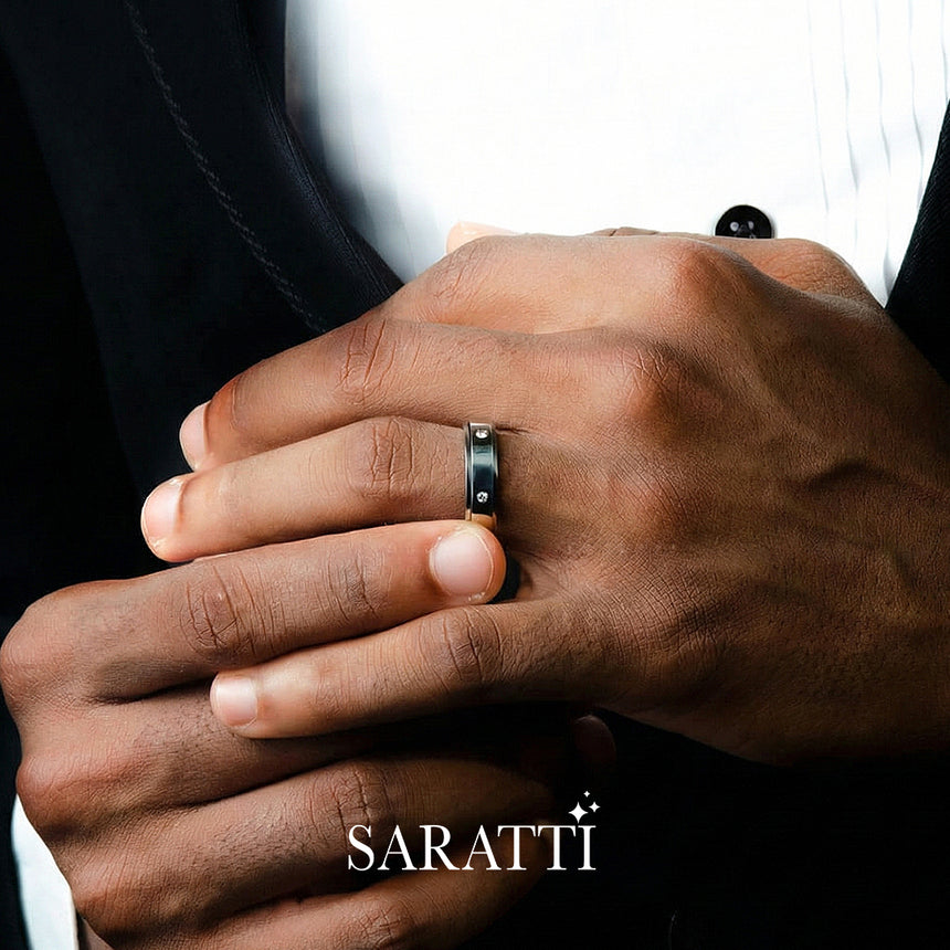 6mm mens wedding band with diamonds channel set detail in 18K white gold | SARATTI
