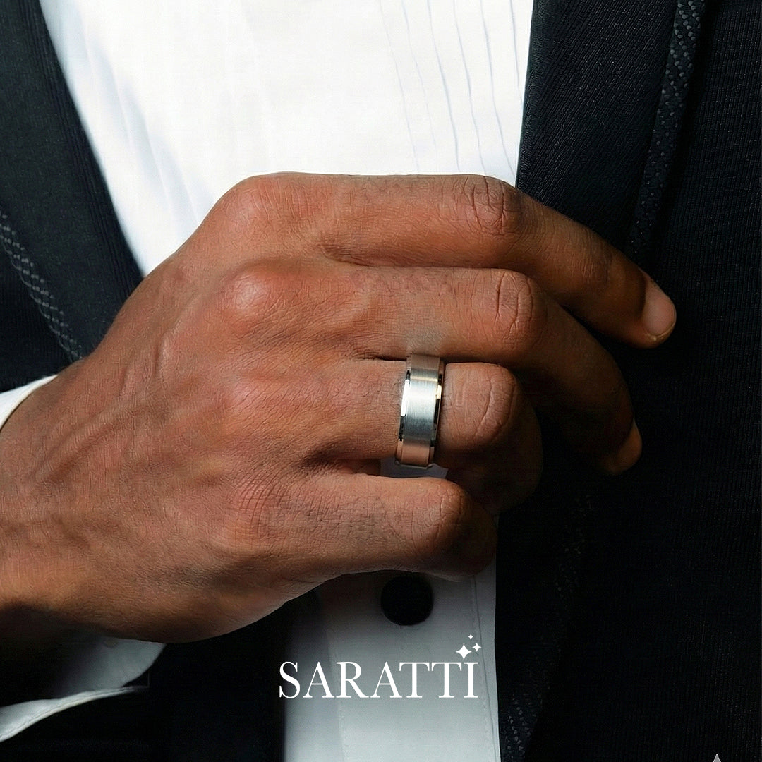 8mm mens wedding band sleek handcrafted ring in 18K white gold | SARATTI