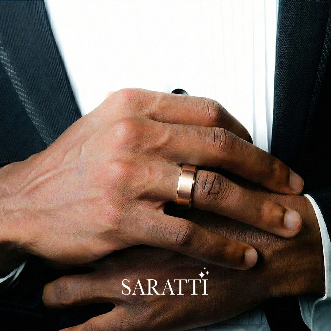 8mm mens wedding band brushed finish design detail in 18K rose gold | SARATTI