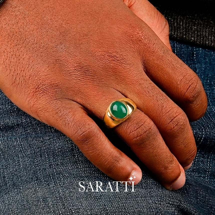 Mens emerald ring oval cabochon gemstone ring in 18K yellow gold | SARATTI
