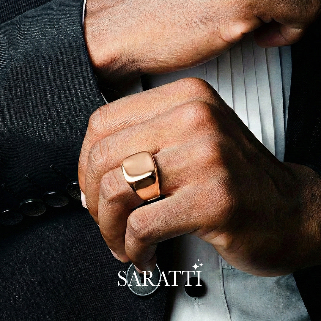 Mens wedding band angular geometric design detail in 18K rose gold | SARATTI