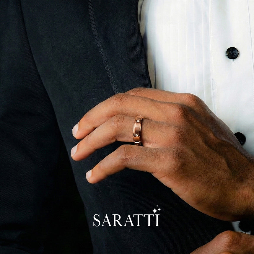6mm mens wedding band with diamonds worn on hand in 18K rose gold | SARATTI