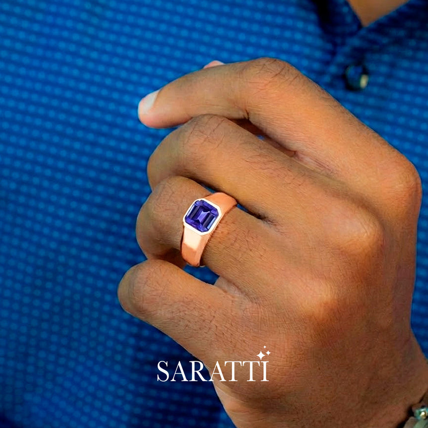 Mens tanzanite ring worn on hand in 18K rose gold | SARATTI