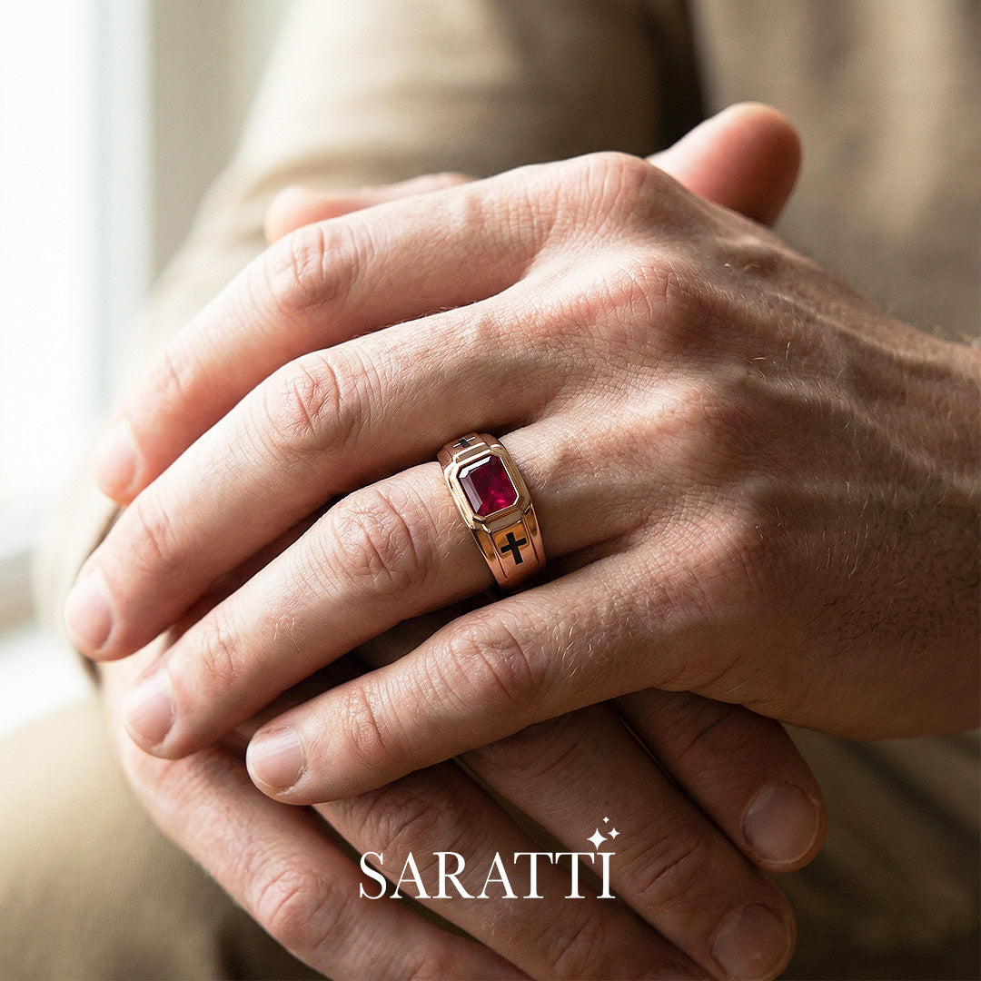 18k rose gold dominion men’s ruby cross ring emerald cut bezel design | SARATTI