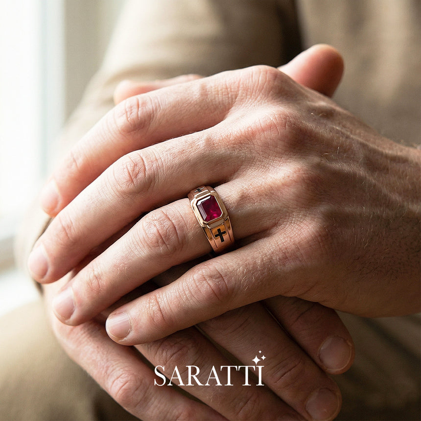 18k rose gold dominion men’s ruby cross ring emerald cut bezel design | SARATTI