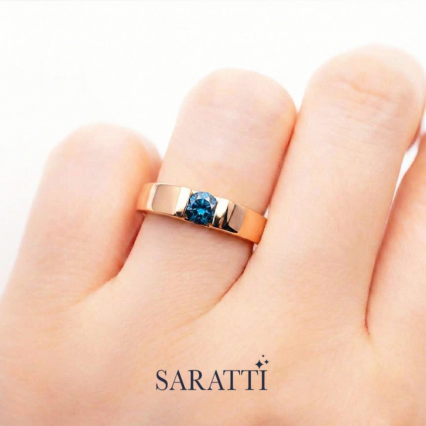 Blue mens wedding band worn on hand minimalist design in 18K rose gold | SARATTI