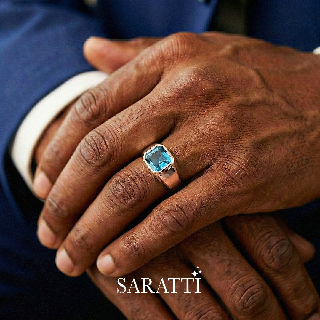 Mens blue topaz ring handcrafted gemstone ring in 18K rose gold | SARATTI