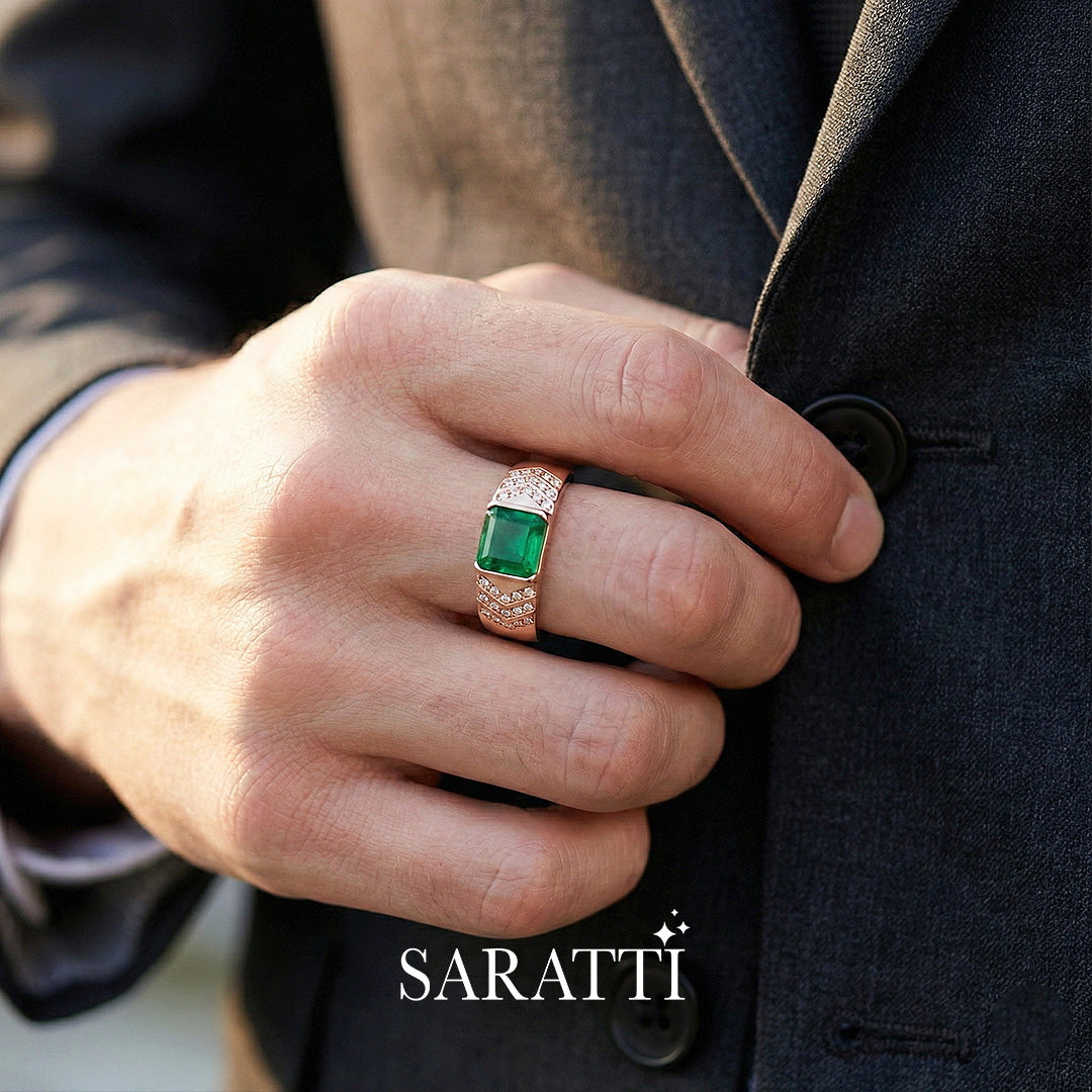 Mens emerald ring handcrafted tension set emerald ring in 18K rose gold | SARATTI
