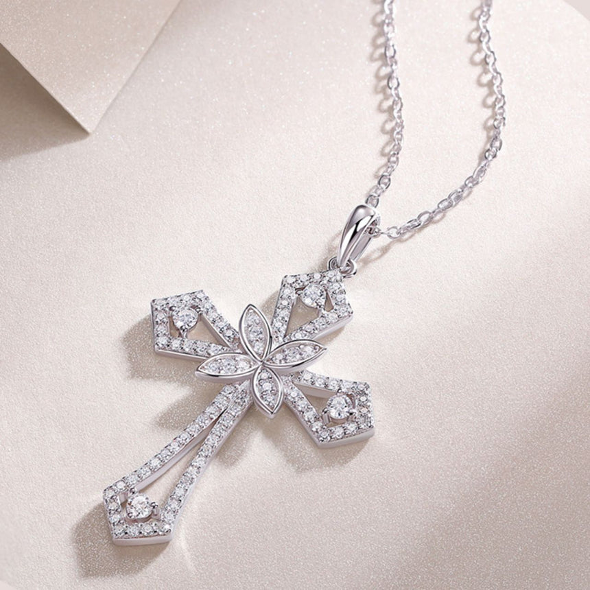 Sacred Ascent: Intricate Silver Moissanite Cross Pendant