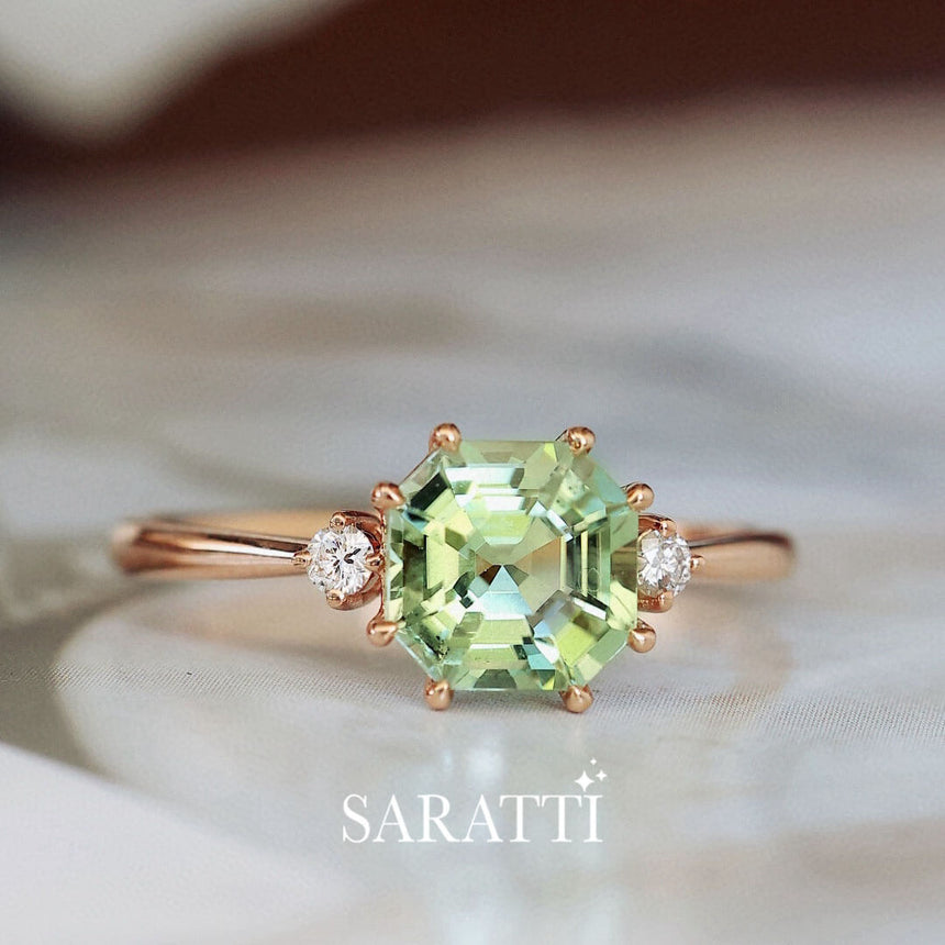 Side Stone Perspective | Yellow Gold Electric Dreams Three Stone Green Tourmaline Ring | Saratti Fine Jewelry