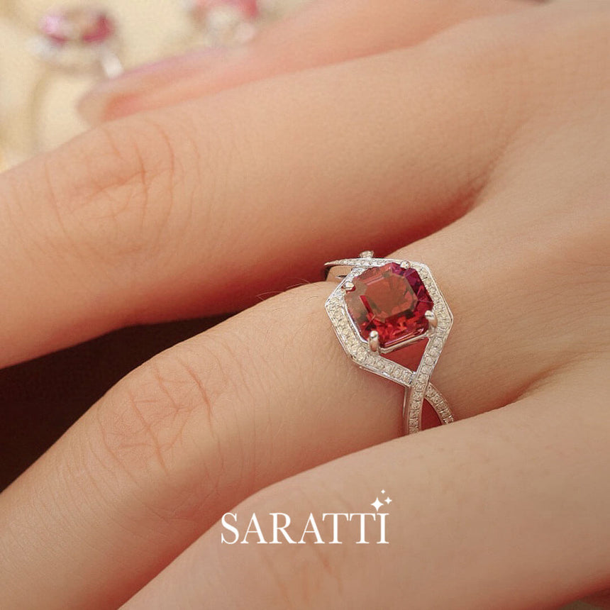 Model wears the Asscher Rose Vintage Pink Tourmaline Ring | Saratti Fine Jewelry