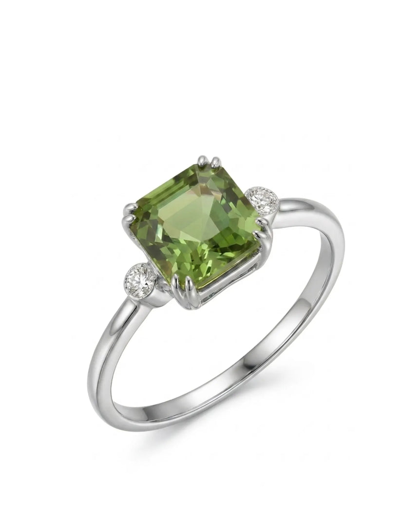 Asscher cut green tourmaline ring with two diamond accents in 18K white gold - SARATTI