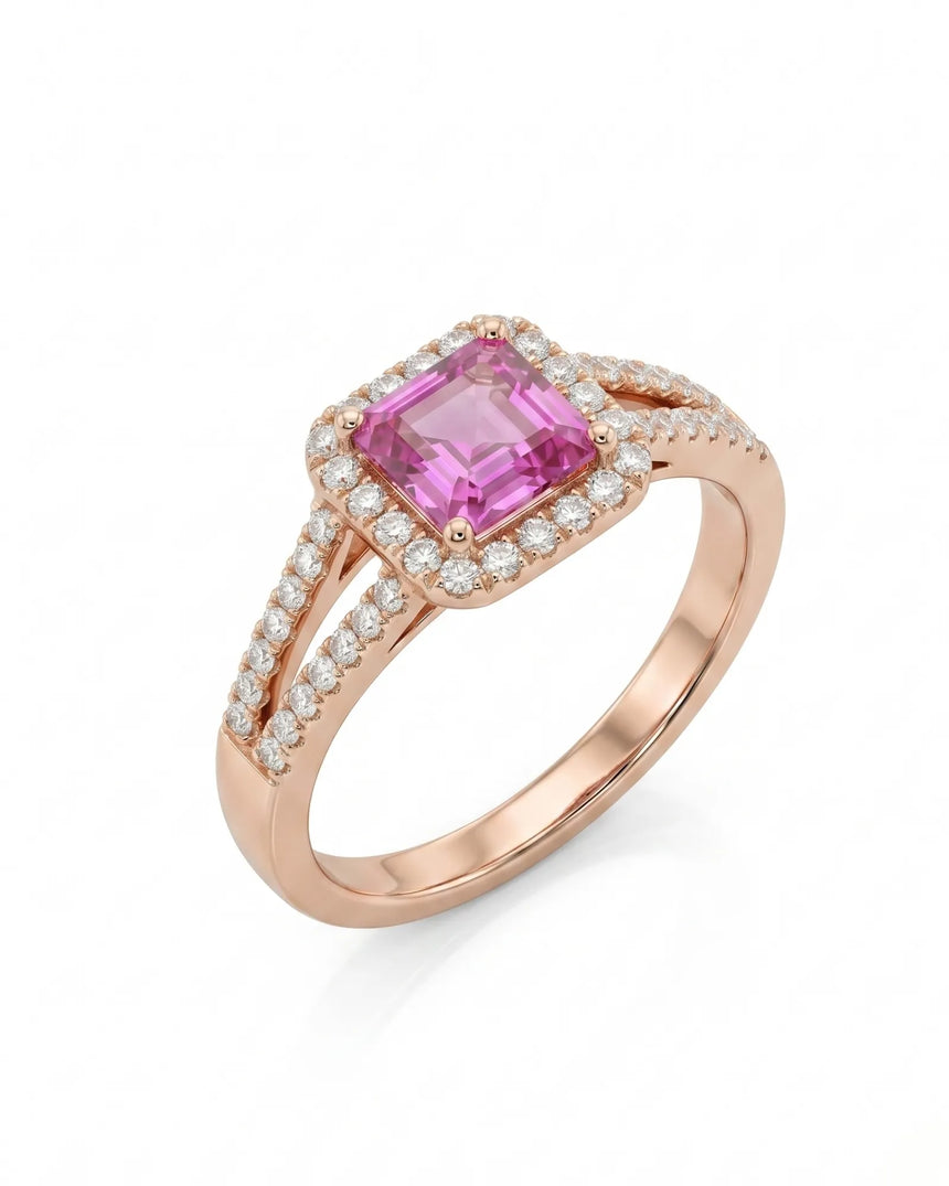 Asscher cut purple sapphire ring with diamond halo and split shank in 18K rose gold | SARATTI