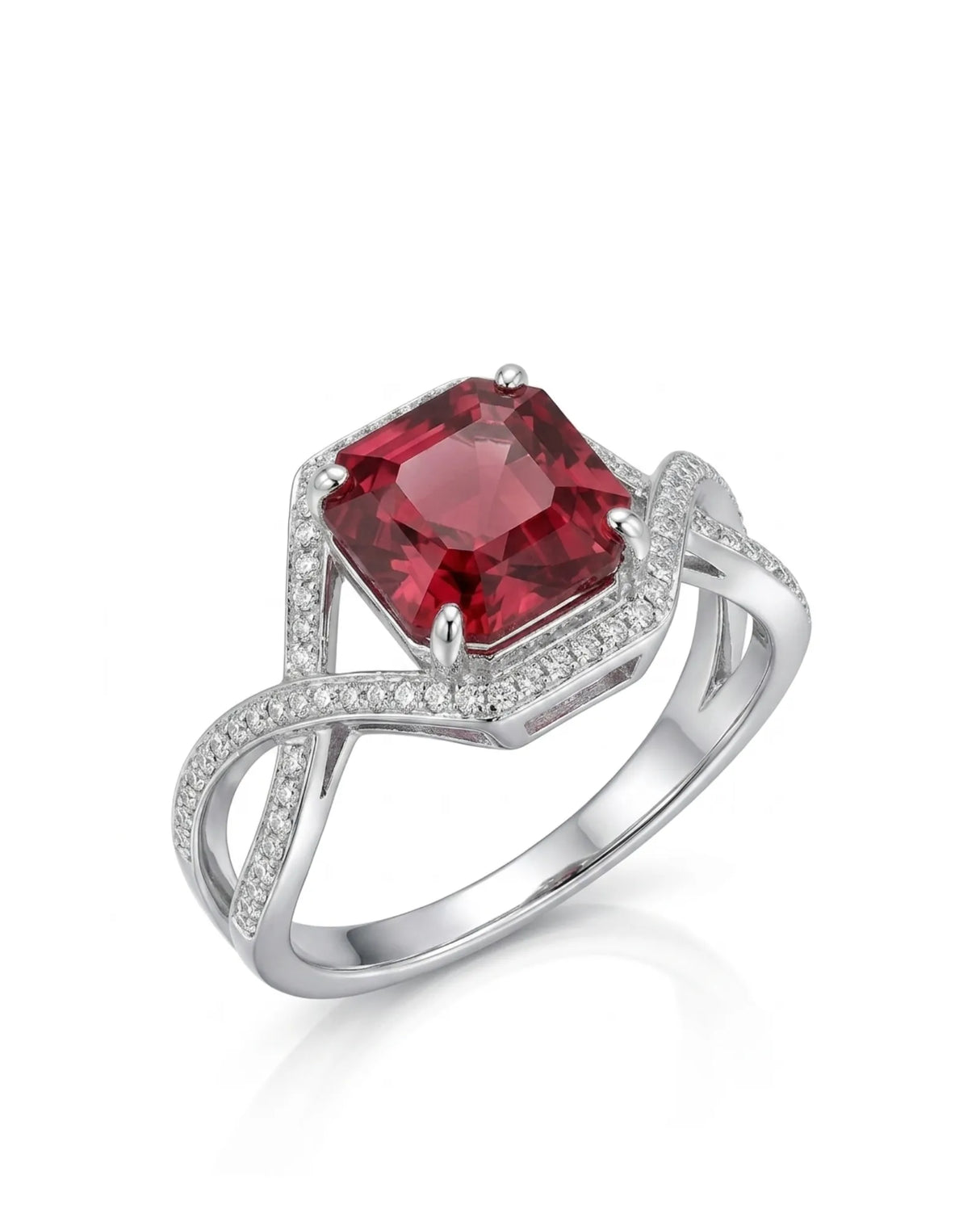 Asscher cut red-pink garnet ring with diamond split shank in premium platinum | SARATTI