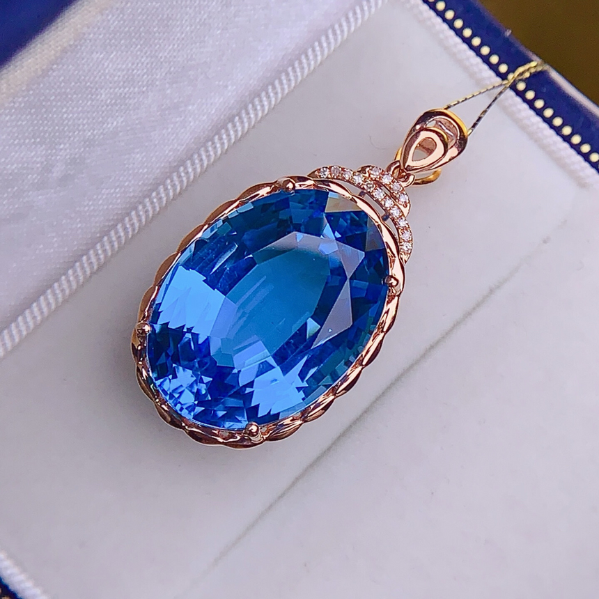 Swiss Blue Topaz Necklace Pendant with Diamonds