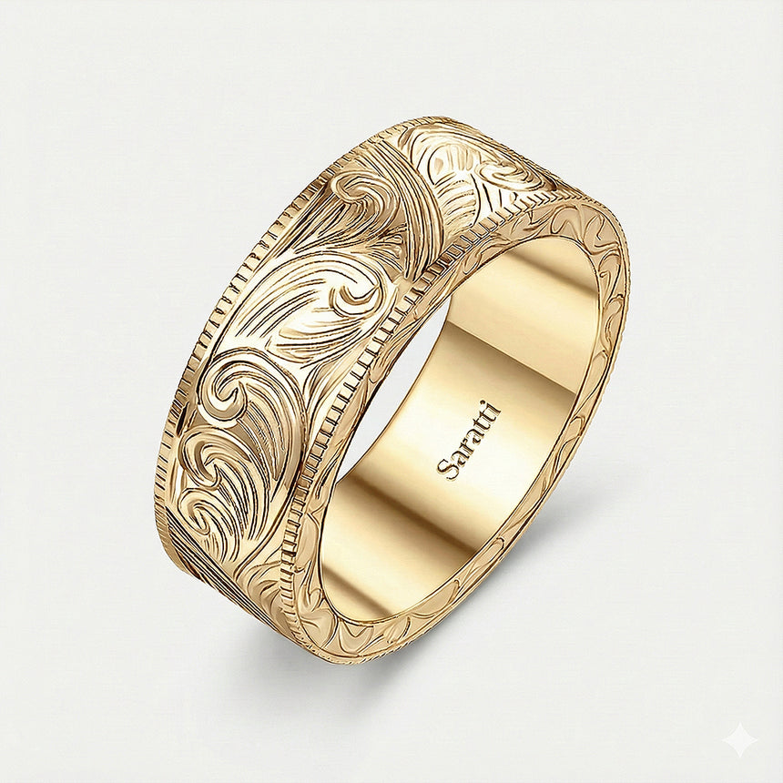 Aurelian scroll men’s wedding band 18k yellow gold engraved scroll design | SARATTI