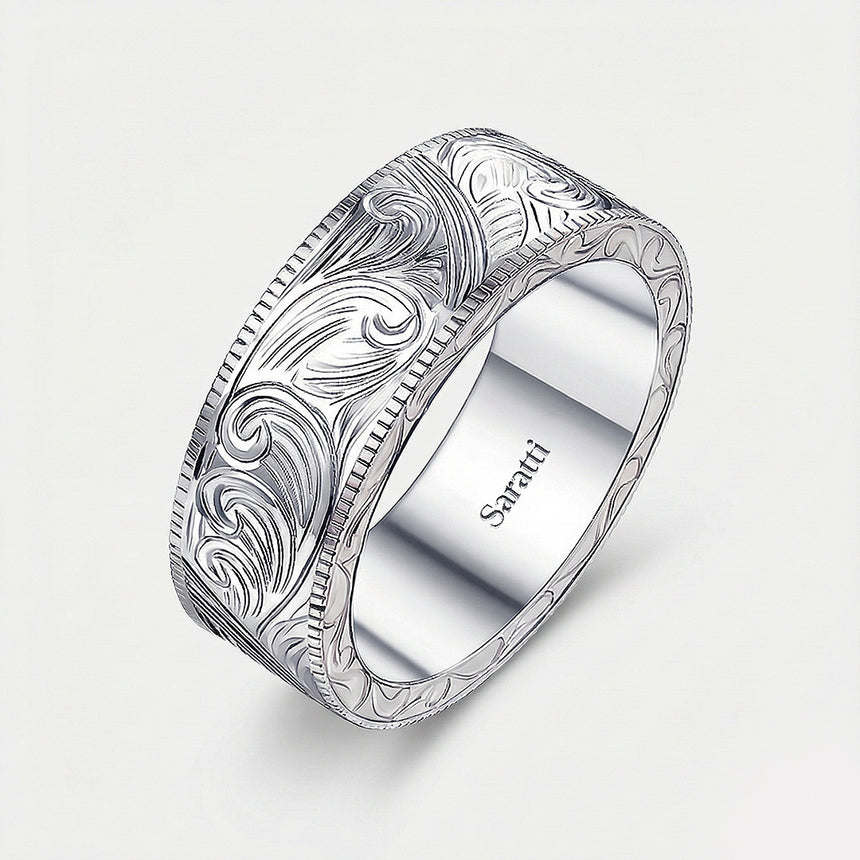 Aurelian scroll men’s wedding band platinum engraved scroll design | SARATTI