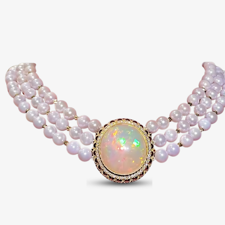 Aurora's Treasure - Triple Strand Akoya Pearl & Opal Statement Necklace